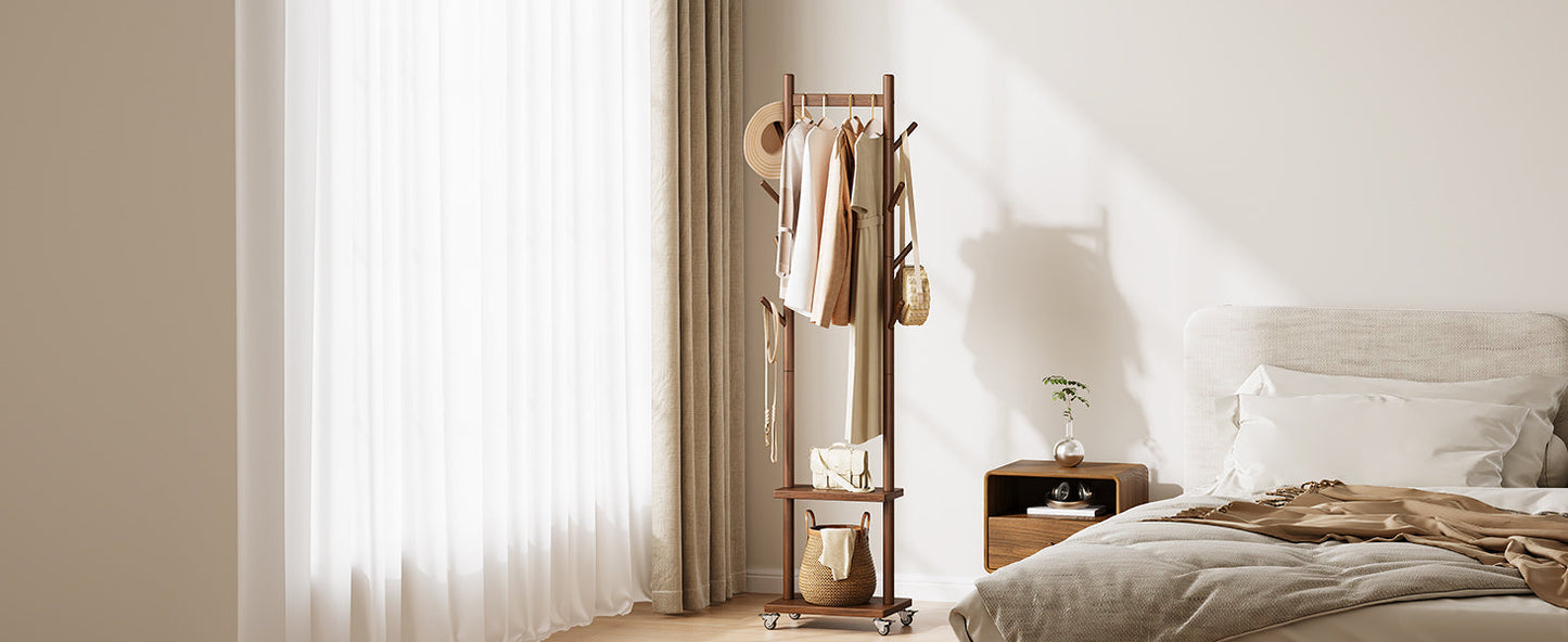 Solid Wood Coat Rack Freestanding - Rolling Clothes Rack with 8 Hooks & Shelves, Small Clothing Rack with Wheels, Heavy Duty Clothing Racks for Hanging Clothes, Portable Hall Tree for Entryway
